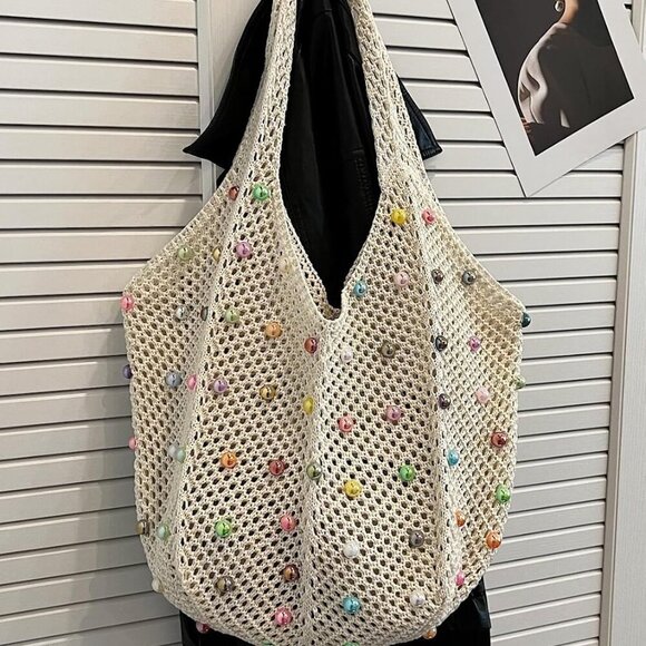 Boho Crochet Beach Bag Tote Large Capacity Summer Travel Gift - Picture 8 of 8